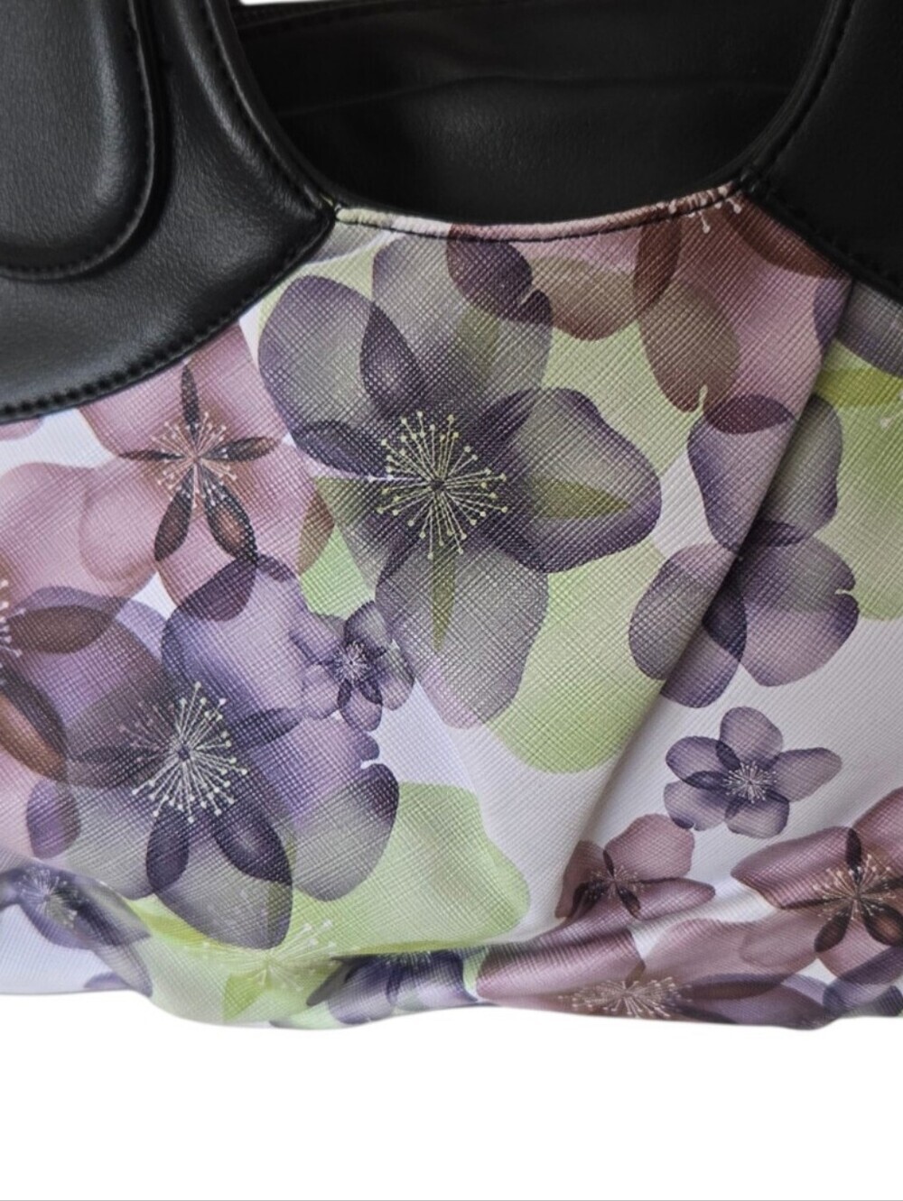 Floral Satchel Handbag Black Purple Green Silver Hardware - Picture 5 of 8
